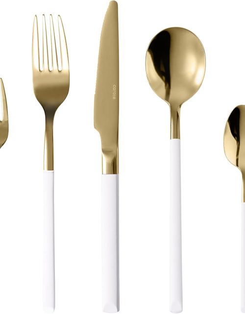CAROTE Silverware Set, 20 Pcs Heavy Duty Stainless Steel Flatware Sets for 4, Mirror Polished Cutlery Set Including Knife Fork Spoon Set, Dishwasher Safe, White and Gold
