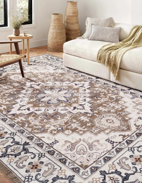 Lofus 5x7 Area Rugs for Living Room, Washable Area Rug, Rugs for Bedroom, Kitchen, Vintage Boho Carpet, Soft Non-Slip, Low Pile Large Area Rug for Office Dining Room, Floral Brown