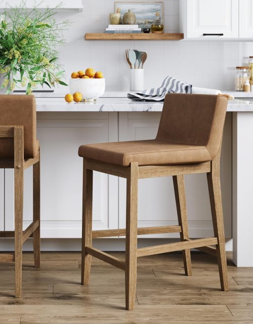 Nathan James Gracie Modern Counter Height Bar Stool with Back, Counter Stool Upholstered Chair with PU Leather and Brushed Wooden Legs, Light Brown