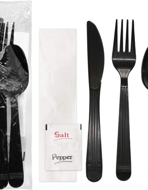 Party Essentials Individually Wrapped Plastic Cutlery Packets/Heavy Duty Silverware Kits, Fork/Spoon/Knife/Napkin/Salt/Pepper, 50 Utensils Sets, Black
