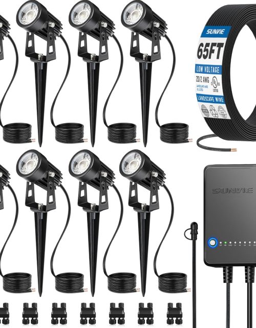 SUNVIE All-In-One LED Landscape Lighting Kit, 8-Pack Low Voltage Landscape Lights with Transformer and 65FT UL-Listed Wire, 3000K Waterproof Outdoor Uplights with Connectors for Yard House Garden Tree