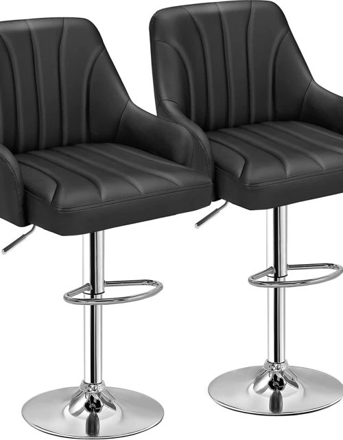 VECELO Bar Stools Set of 2, Adjustable Barstools, Counter Height Stools with Back and Arm, Kitchen Island Stools, Swivel PU Chairs for Pub, Dining Room, Modern Style, Black